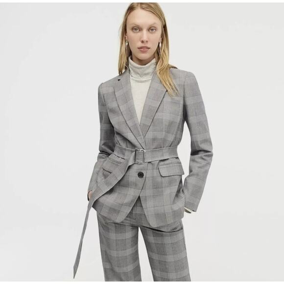 J.Crew Grey Glen Plaid Single-Breasted Harriet Belted Blazer Jacket AC384 Size 8 - Picture 1 of 16